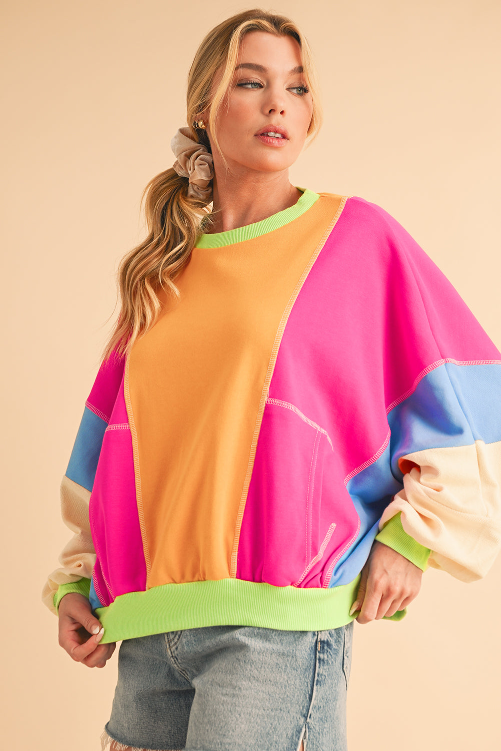 Orchid Petal Colorblock Patchwork Drop Shoulder Top