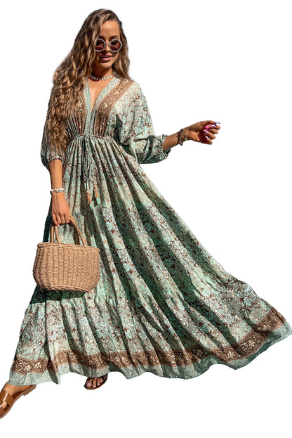 Green Boho Floral Print Backless Drawstring High Waist Maxi Dress