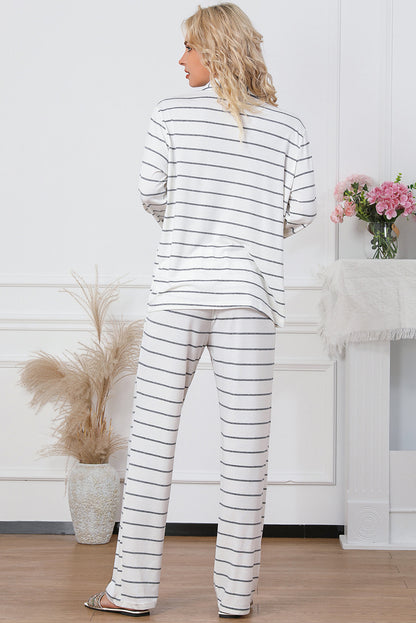 White Striped Print Long Sleeve Top & Drawstring Pants Pajamas Set