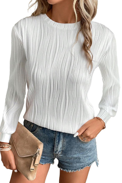 White Wavy Textured Solid Color Drop Shoulder Pullover Top