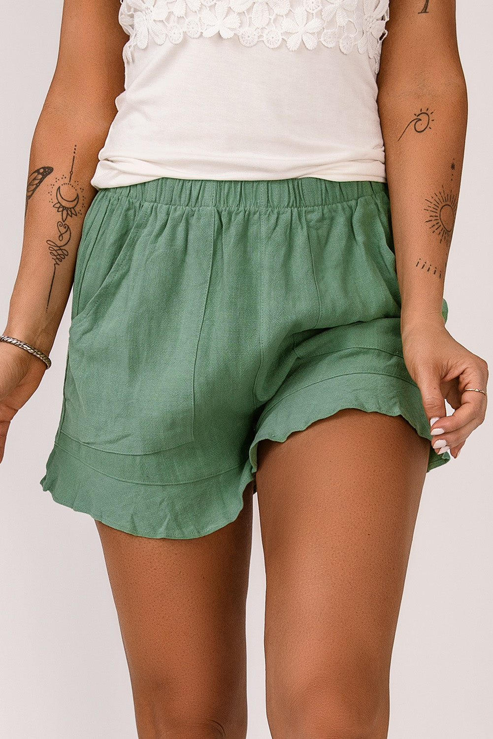 Khaki Casual Pocketed Ruffle High Waist Shorts