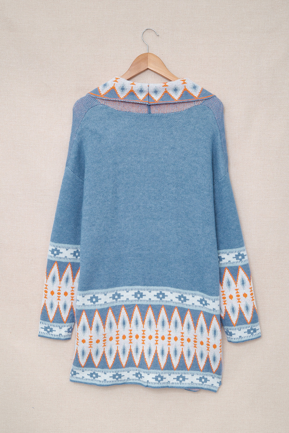 Blue Geometric Print Open Front Knit Cardigan