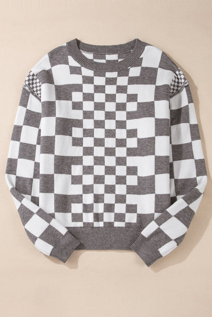 Khaki Checkered Drop Shoulder Round Neck Sweater