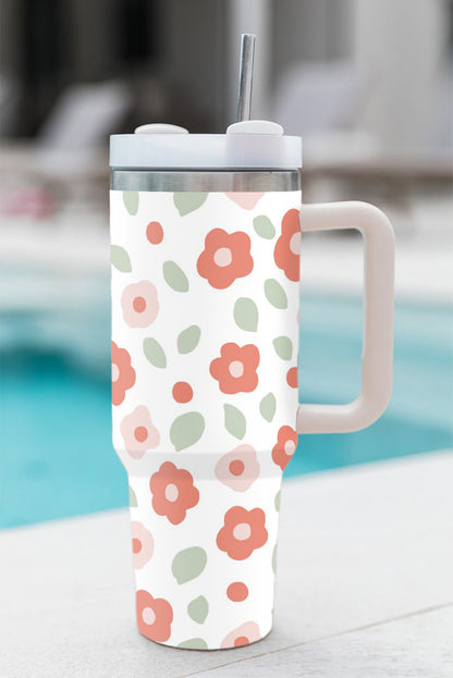 White 1200ml Floral Print Stainless Large Portable Cup