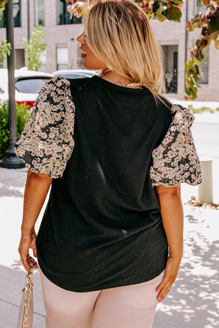 Black Plus Size Daisy Printed Short Bubble Sleeve Tunic Top