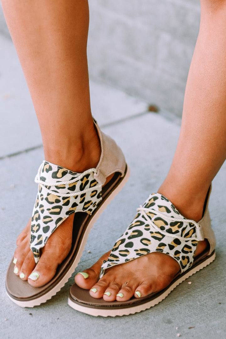 Western Leopard Print Criss Cross Zipper Back Flat Sandals