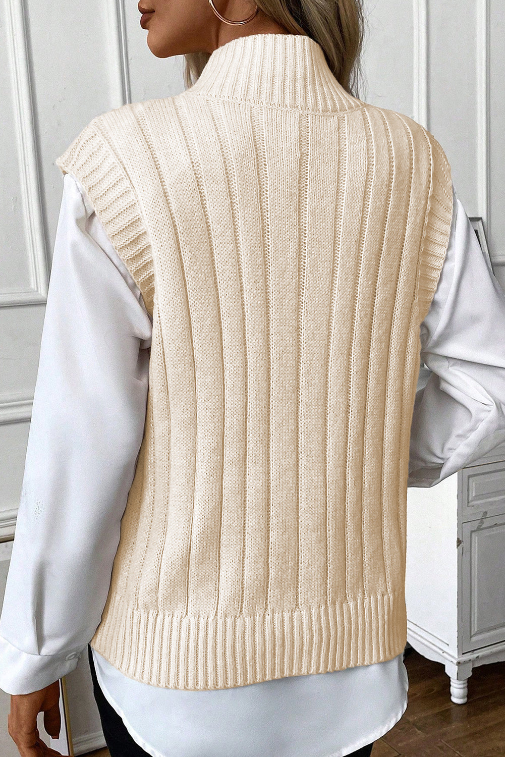 Oatmeal Ribbed Trim High Neck Cable Knit Sweater Vest