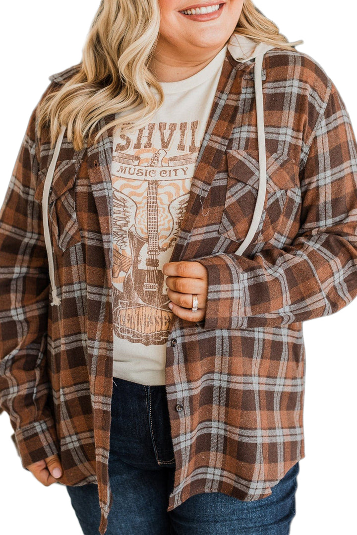 Brown Plus Size Plaid Button Up Contrast Hooded Shirt