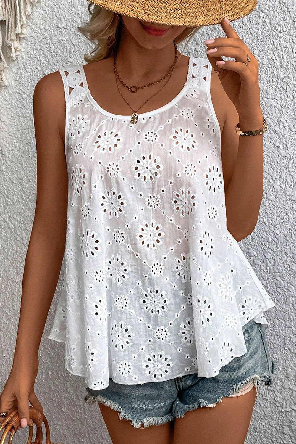 White Eyelet Embroidery Flowy Tank To