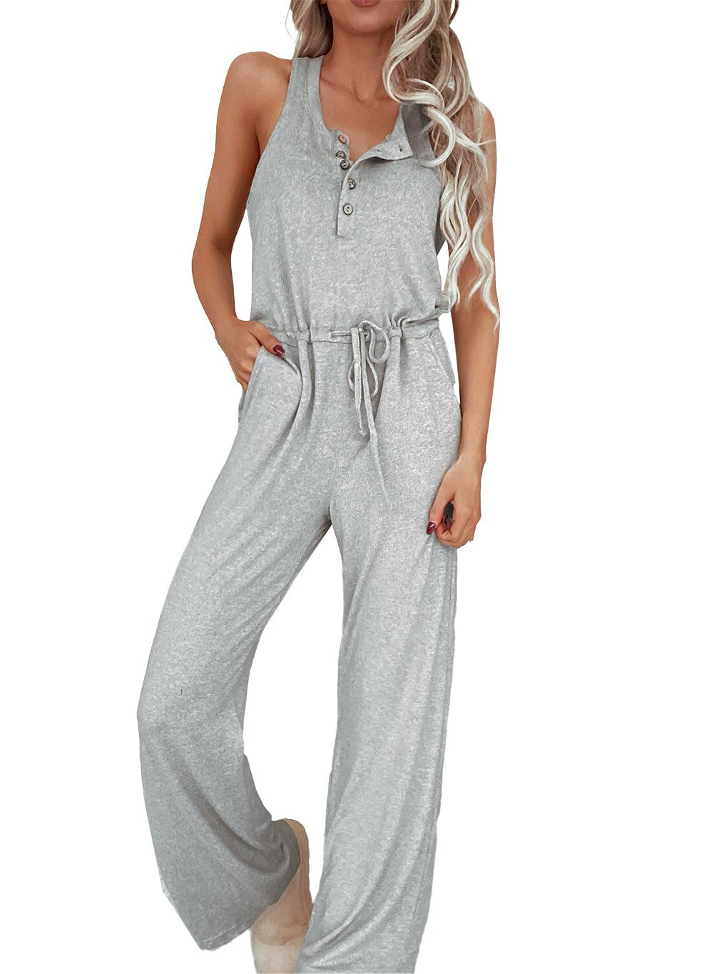 Gray Ribbed Knit Henley Neck Jumpsuit
