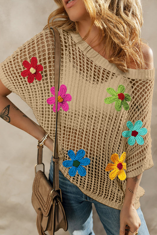 Light Beige Hollowed Crochet Colorful Flower Loose Knit T Shirt