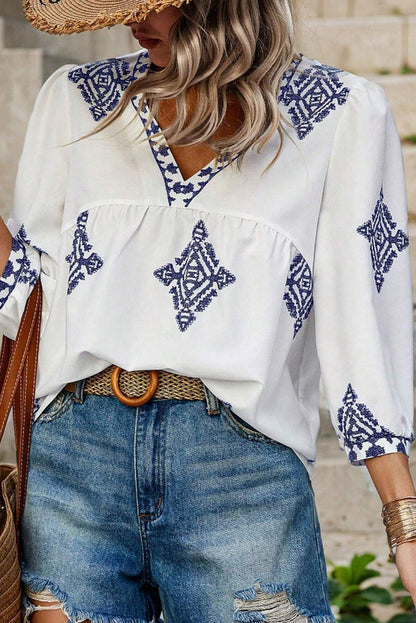 White Boho Geometric Print V Neck Plus Size Blouse