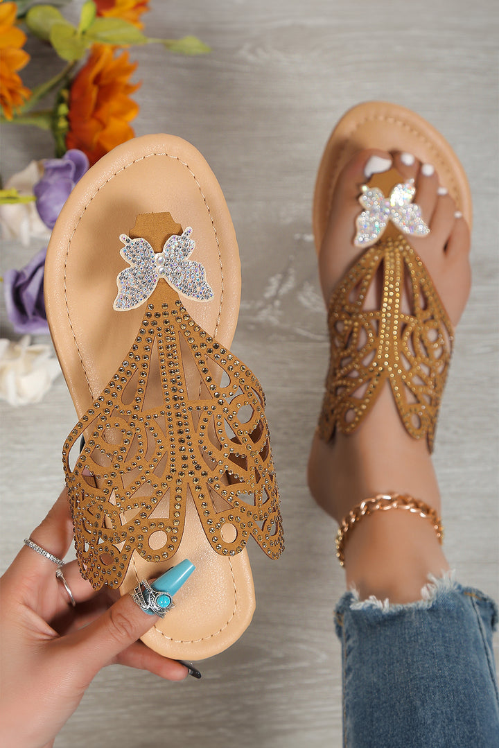 Brown Hollow Out Diamond Butterfly Thong Slippers