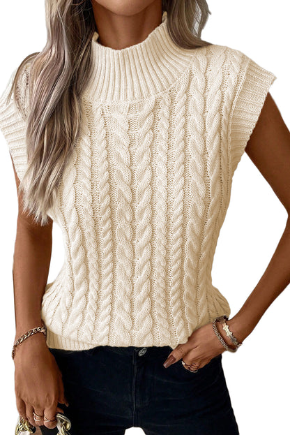 Oatmeal Ribbed Trim High Neck Cable Knit Sweater Vest