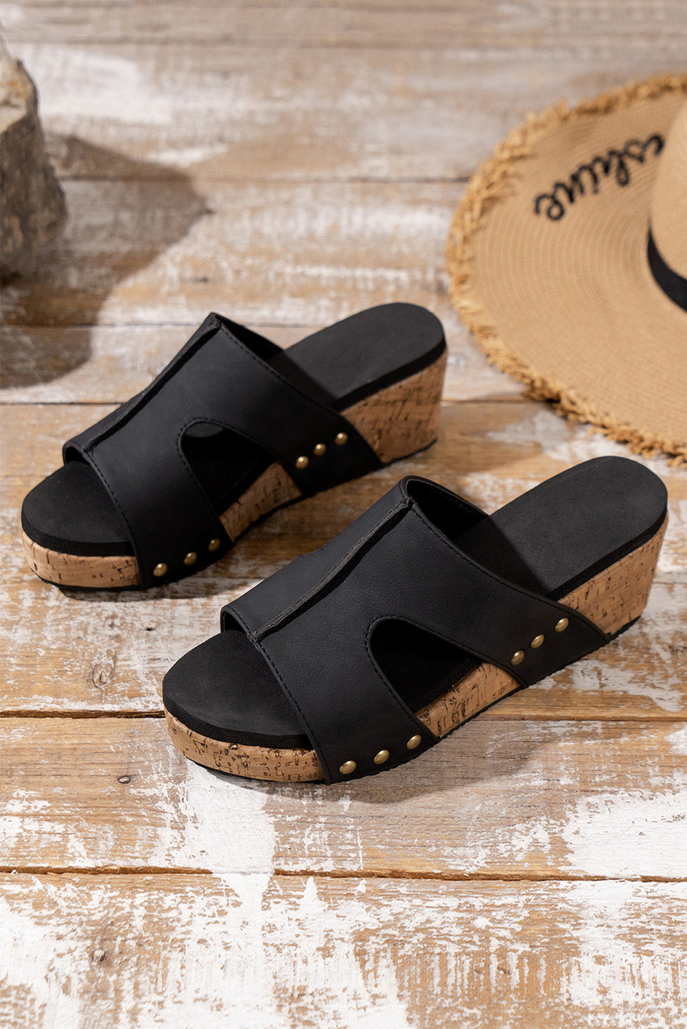 Brown Cut Out Rivet Slip-on Wedge Slippers