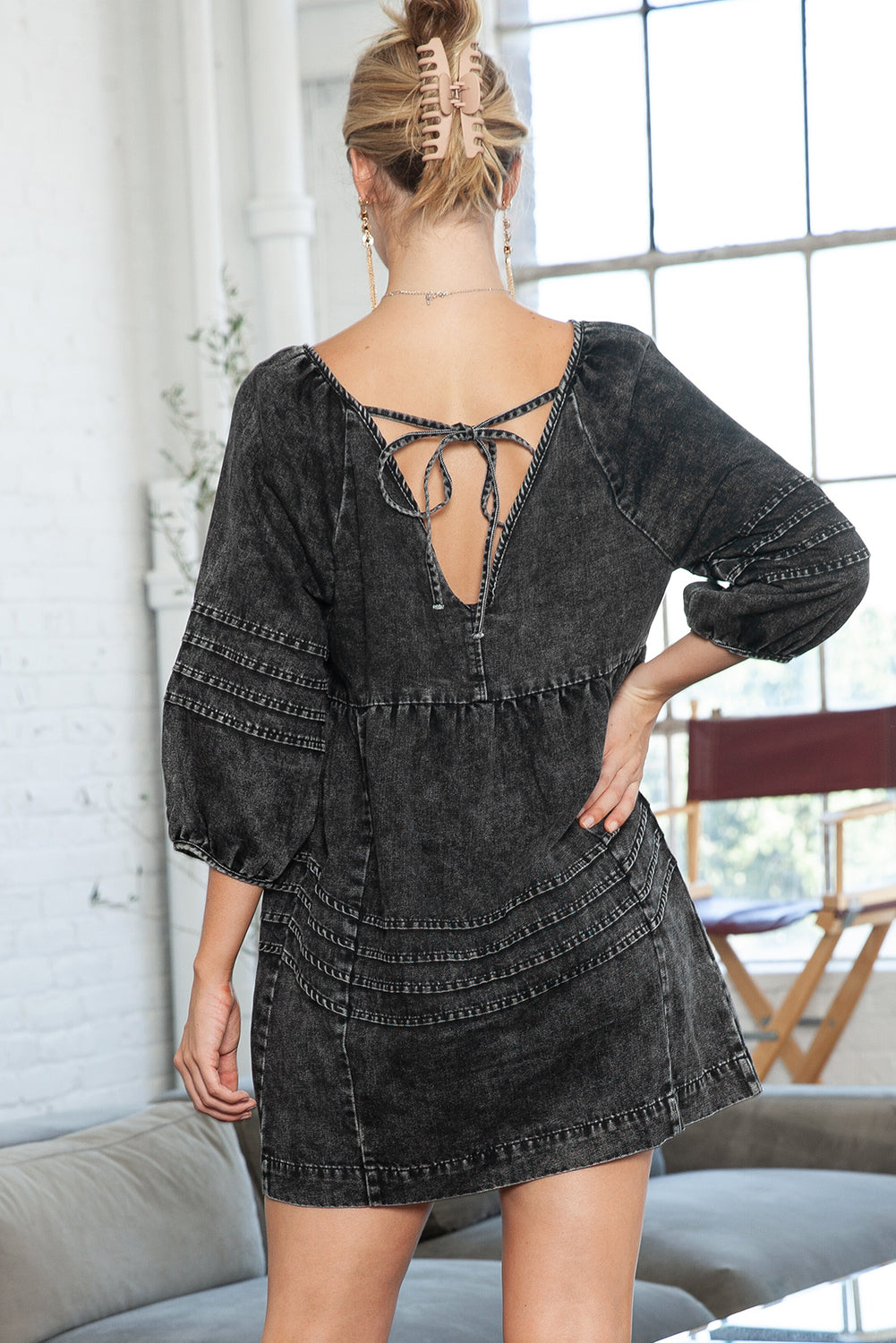 Black Dark Wash Empire Waist V Neck Denim Dress