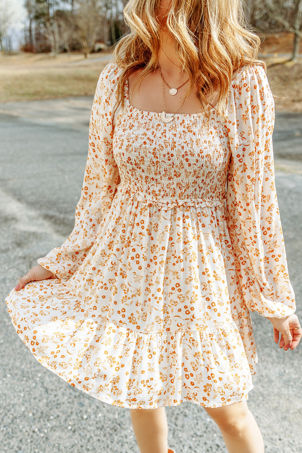 Apricot Boho Floral Smocked Puff Sleeve Short Dress