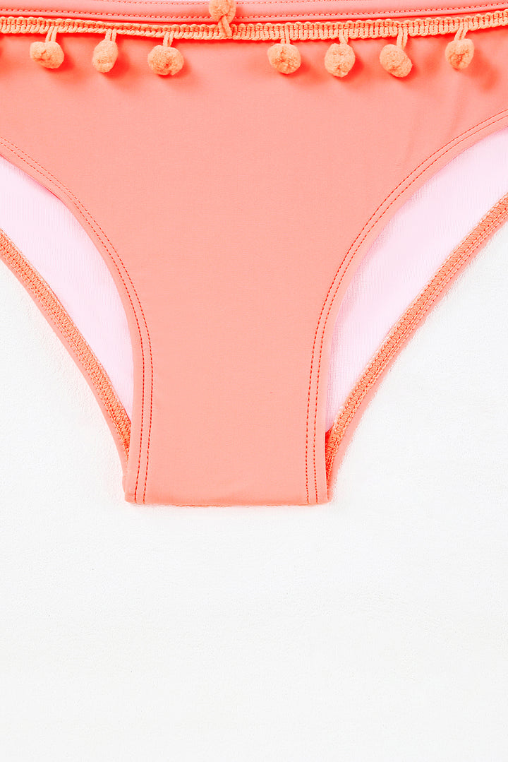 Pink Mesh Contrast Pom Details High Waisted Bikini Swimsuit