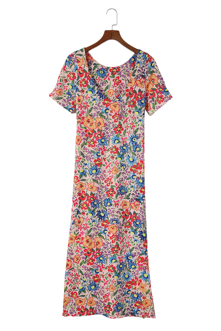 Multicolor Floral Print Ruffle Sleeves Open Back Maxi Dress
