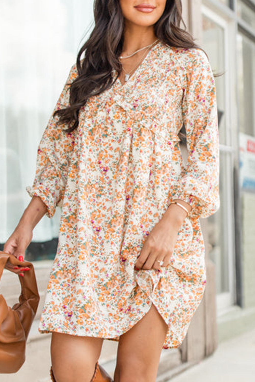 Yellow Boho Floral V Neck Ruffled High Waist Long Sleeve Mini Dress