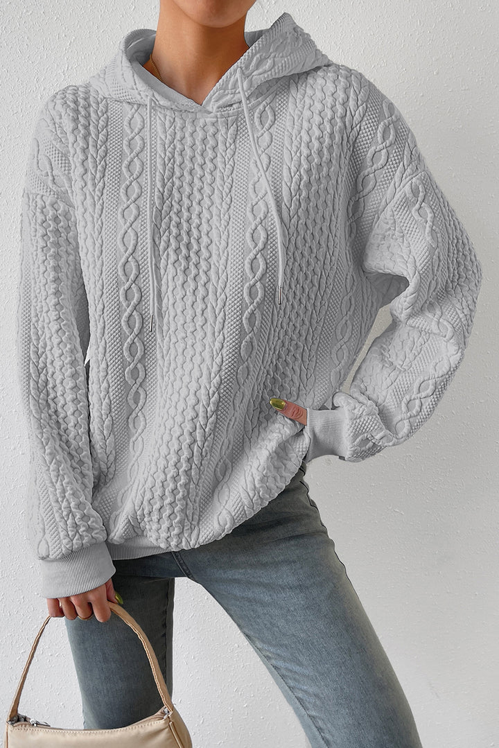 White Cable Textured Casual Drawstring Hoodie