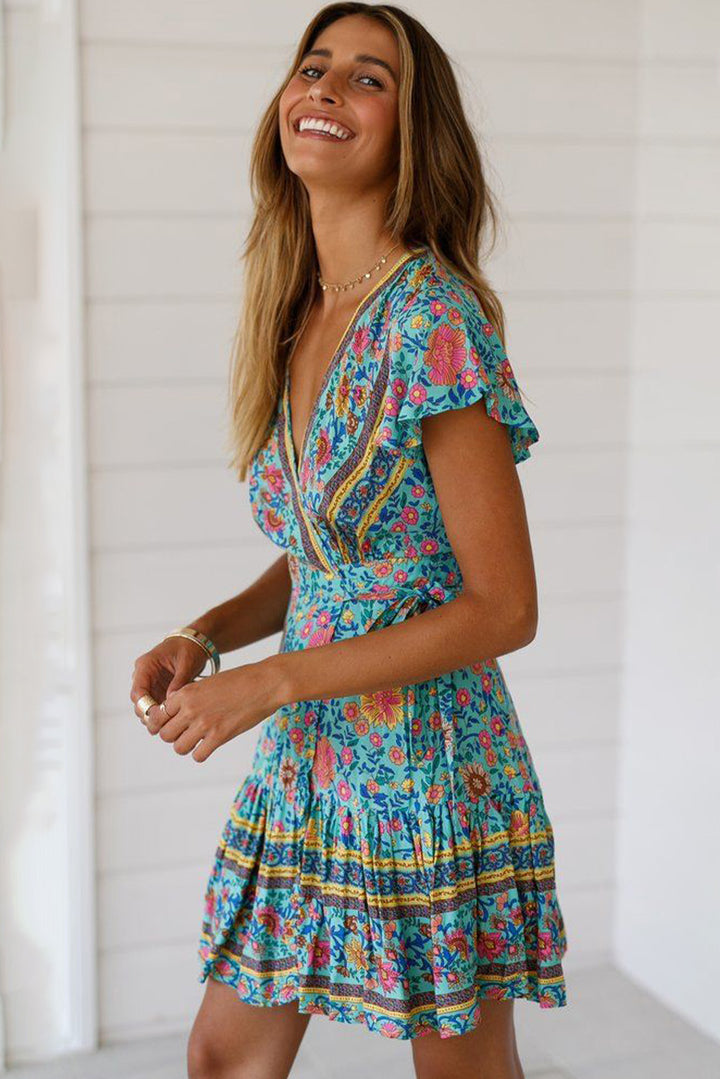 Multicolour Floral Print Wrapped Ruffle Sleeve Short Dress