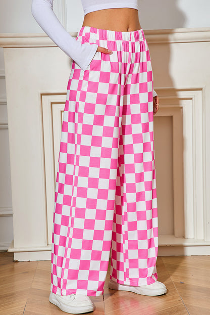 Green Checkered Print High Waist Wide Leg Pants