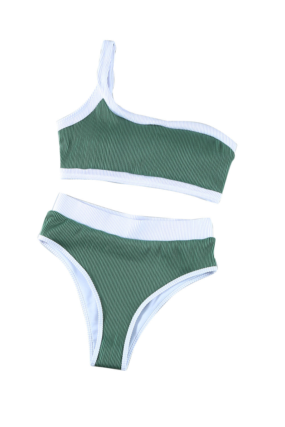 Green Ribbed One Shoulder High Waisted Bikini Swimsuit