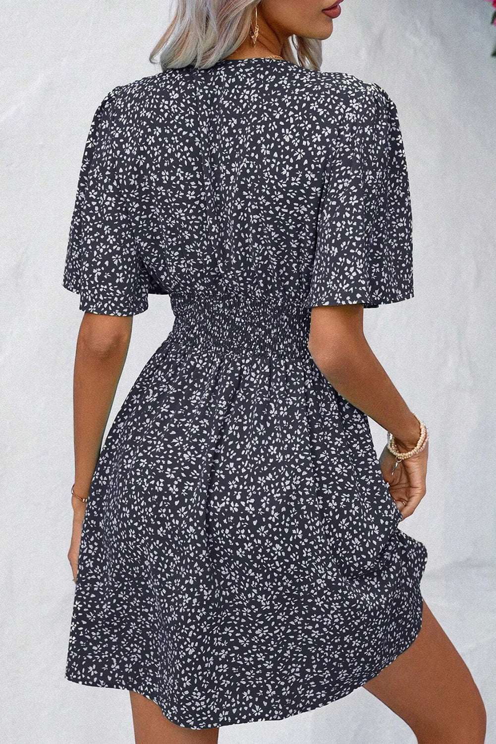 Black Ditsy Floral Flounce Sleeve Ruched Mini Dress