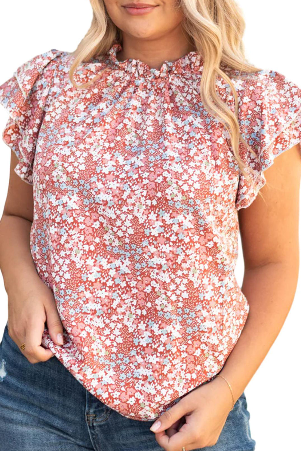Pink Plus Size Floral Print Ruffled Sleeve Frilled Neck Blouse