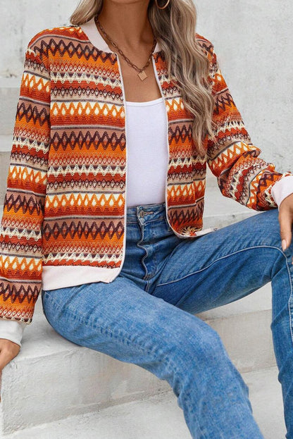 Orange Boho Striped Zip-Up Long Sleeve Jacket