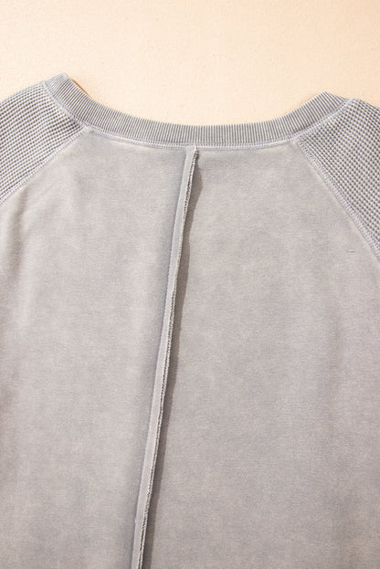 Mineral Blue Waffle Patchwork Raglan Sleeve Exposed Seam Sweatshirt