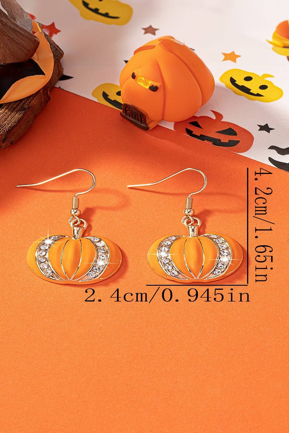 Orange Halloween Rhinestone Pumpkin Hook Earrings