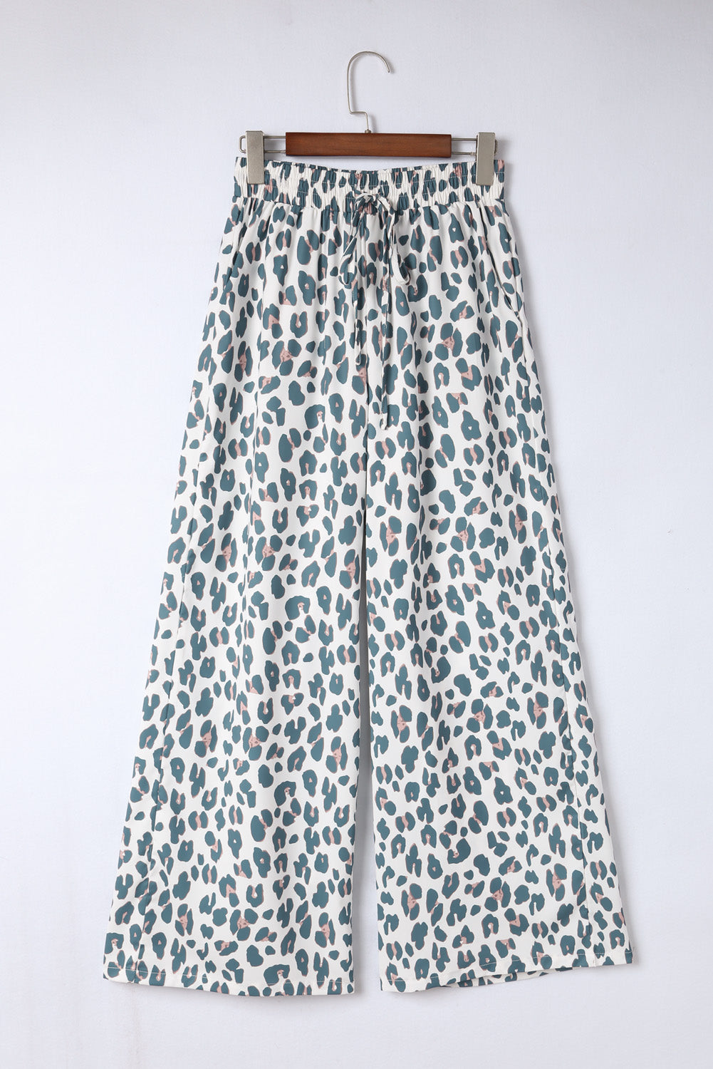 White Leopard Print Casual Drawstring Pocketed Wide Leg Pants