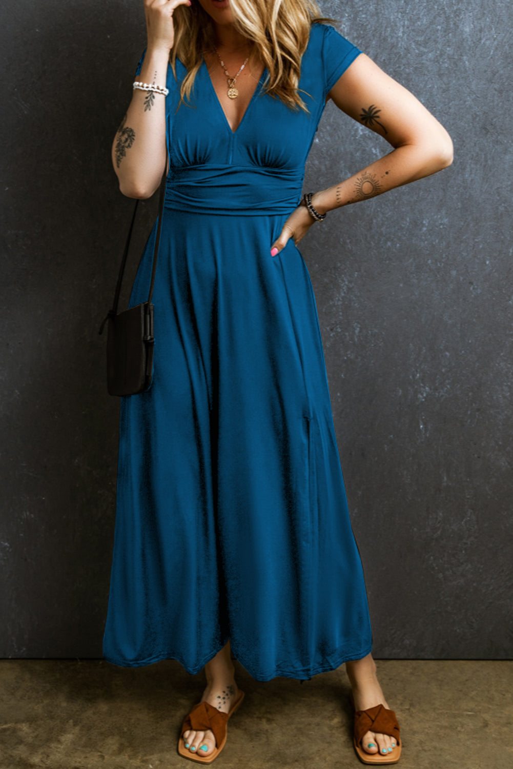 Neck Ruched High Waist Maxi Dress