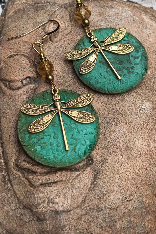 Dark Green Retro Dragonfly Hook Drop Earrings