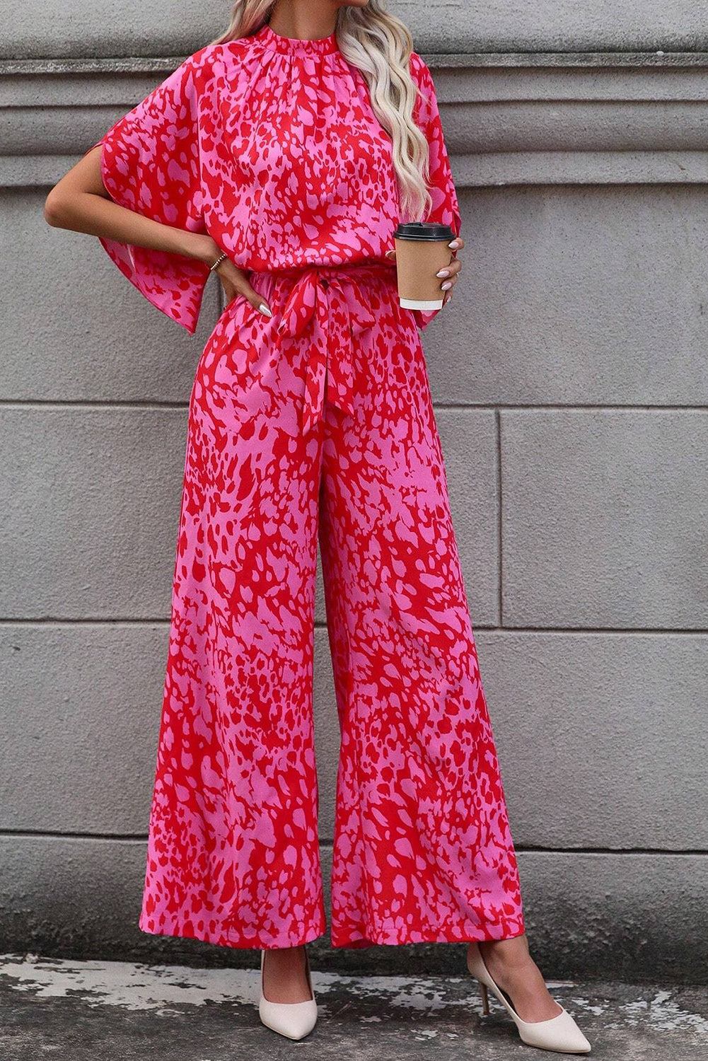 Rose Leopard Print Flounce Sleeve Belted Wide Leg Jumpsuit