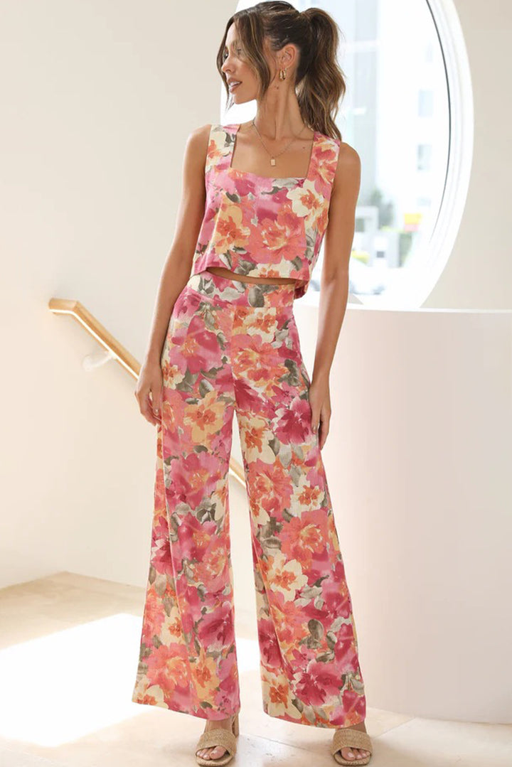 Multicolour Floral Print Cropped Top & Wide Leg Pants Set