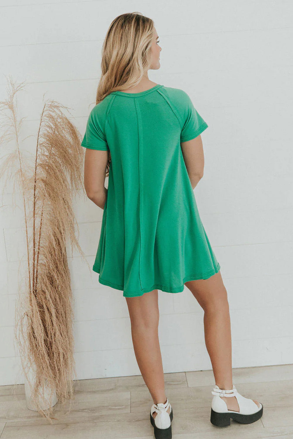 Bright Green Solid Color Center Seam Short Sleeve Mini Dress