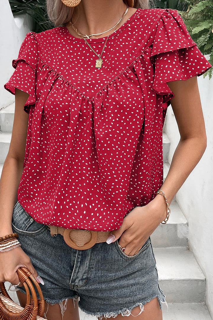 Fiery Red Spotted Print Pleated Ruffle Sleeve Blouse