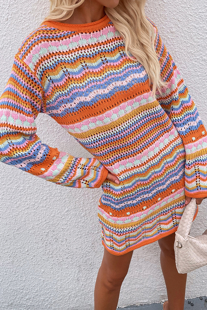 Green Stripe Long Sleeve Colorblock Midi Sweater Dress