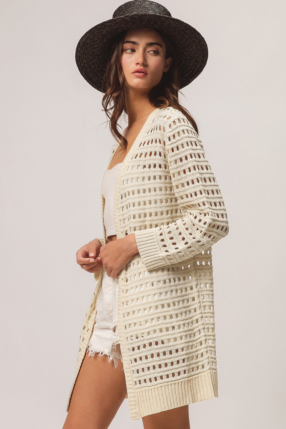Apricot Solid Color Open Knit Cut Out Cardigan