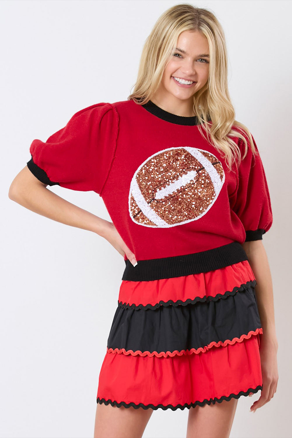 Sequin Rugby Color Block Puff Sleeve Knit Top