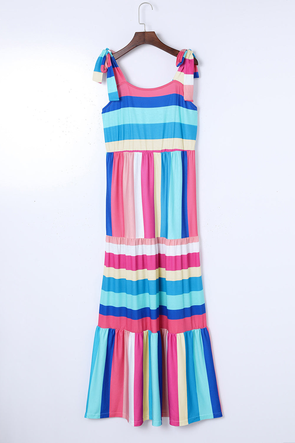 Multicolor Striped Print Bow Knot Straps Sleeveless Maxi Dress