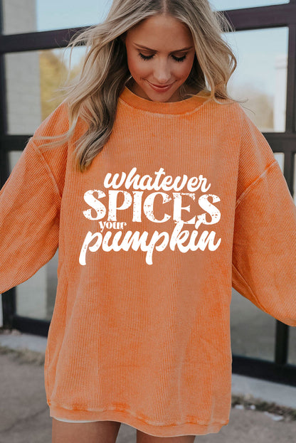 Orange Crinkle Rib Whatever Spices Your Pumpkin Graphic Sweatshirt