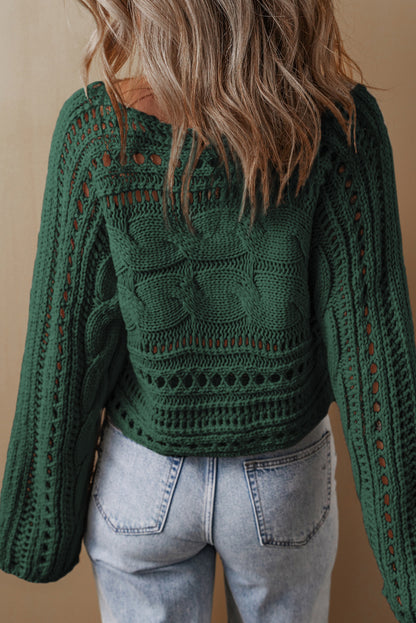 Smoke Gray Hollow Out Cable Knit Cropped Sweater