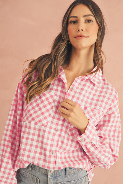 Pink Gingham Print Chest Pockets Buttoned Shirt