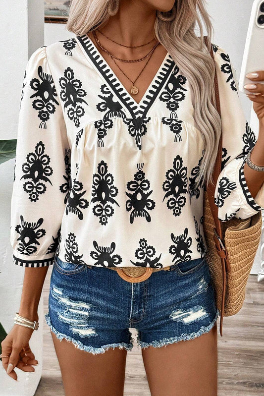 Beige Ethnic Abstract Print Puff Sleeve V Neck Blouse