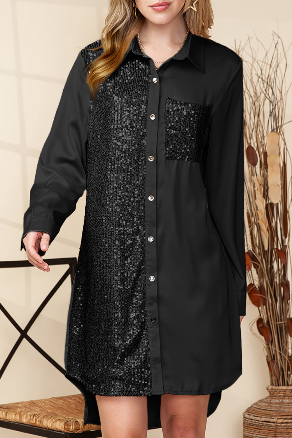 Black Sequin Splicing Pocket Casual Buttoned Shirt Dress