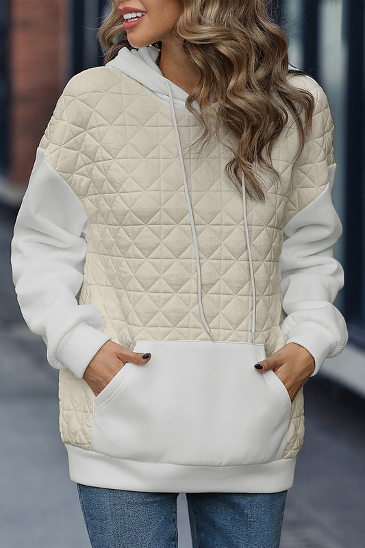 Beige Drop Shoulder Kangaroo Pocket Patchwork Quilted Hoodie